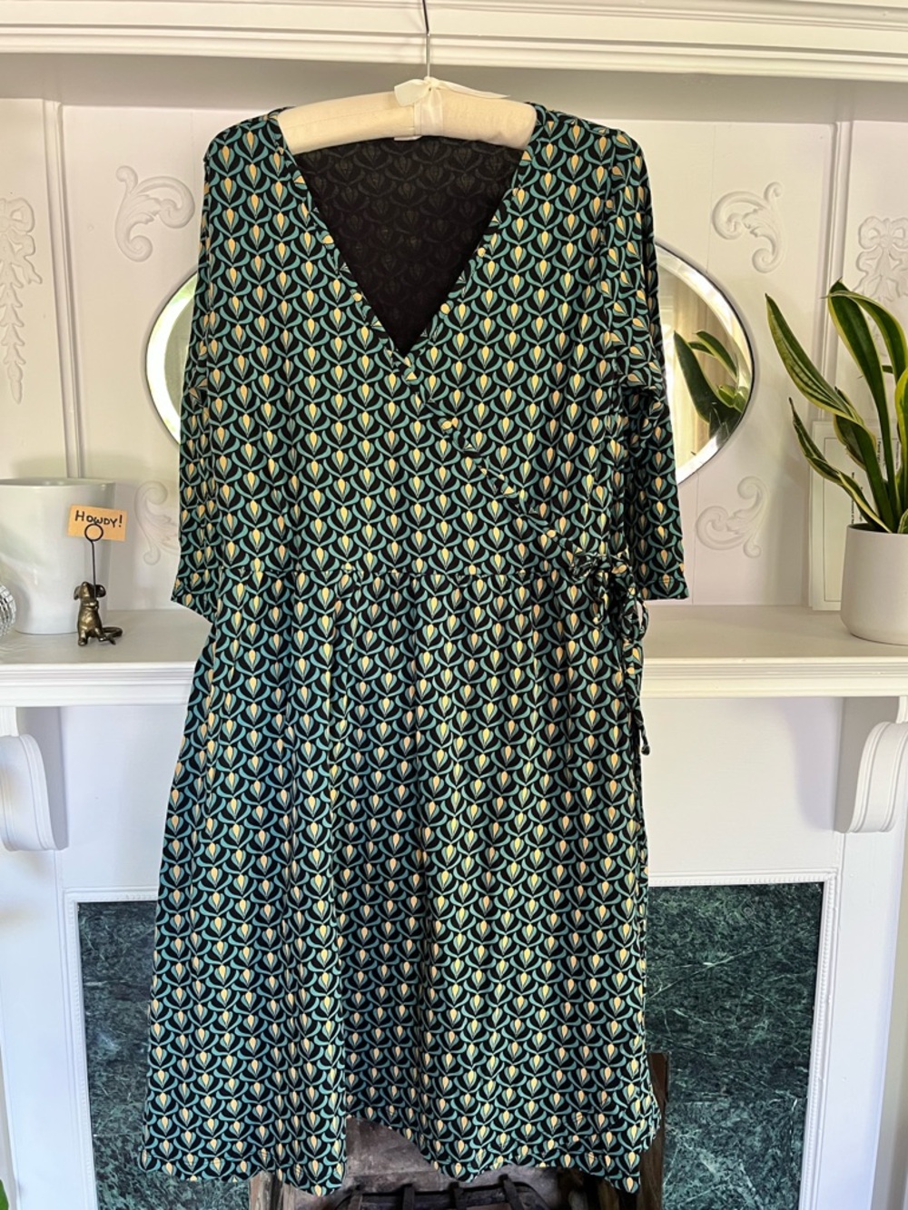 Mata Traders Green & Black Patterned Midi Faux Wrap Dress w/Pockets - Size XL